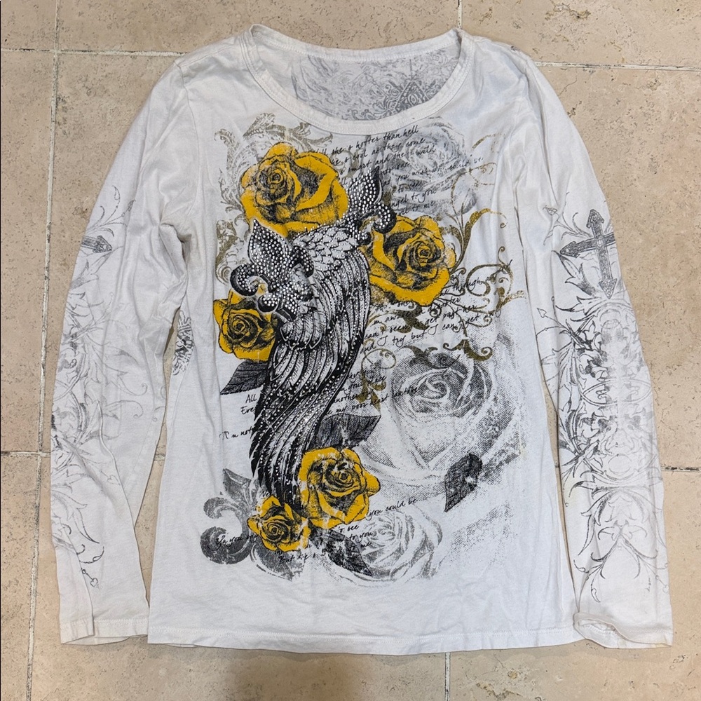 Vintage Y2K Women's Long Sleeve Top with Yellow and Black Design